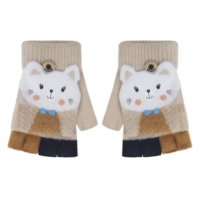 PURFUN Cartoon Cat Rabbit Knitted Half & Full Finger Gloves with Flip Top, Kids Students Winter Warm Writing Reading Gloves, Cold-Proof Cycling Camping Ski Mitts for 3-10 Yrs Girls Boys