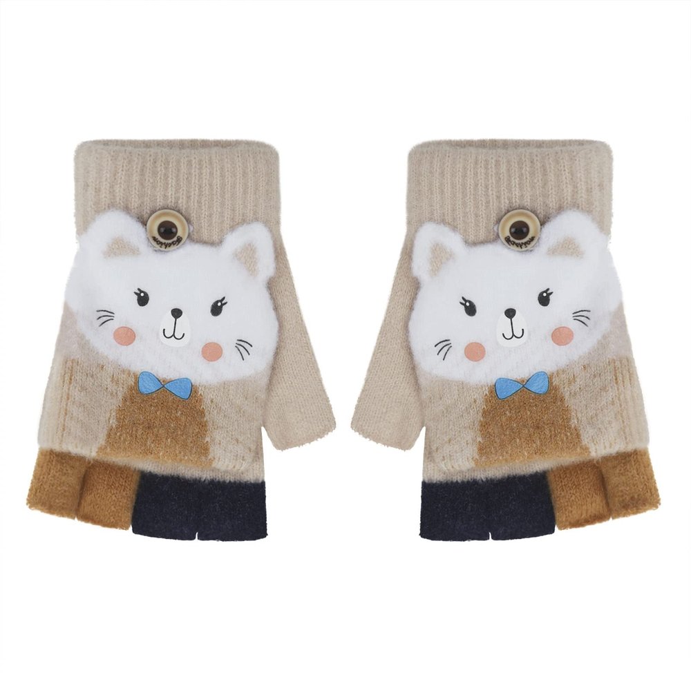 PURFUN Cartoon Cat Rabbit Knitted Half & Full Finger Gloves with Flip Top, Kids Students Winter Warm Writing Reading Gloves, Cold-Proof Cycling Camping Ski Mitts for 3-10 Yrs Girls Boys