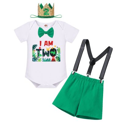 Dinosaur Birthday Party Decorations Supplies, Toddler Baby Boys Woodland Animal Theme Romper & Bloomers Pants & Suspenders for Dino Themed Kid's Party, Shower, Celebration Green & I'm two 18-24 Months
