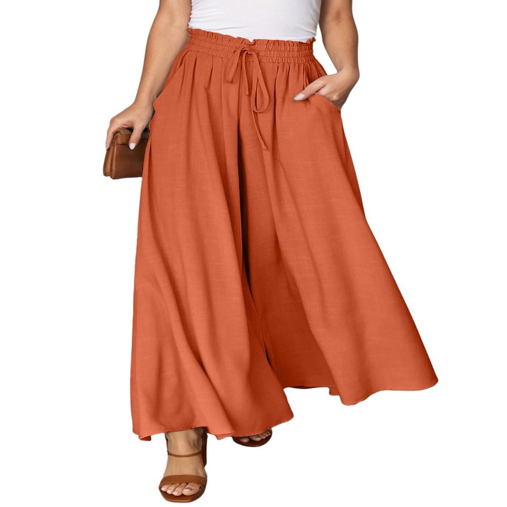 Dokotoo Womens Fashion Clothing Stretch Drawstring Tie Elastic Waist Wide Leg Linen Pants for Women Ladies Dressy Solid Spring Fall Lightweight Oversize Soft Womens Pants with Side Pockets Red L