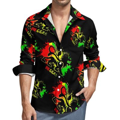 Lion Reggae Jamaica Men's Shirt Long Sleeve Casual Button Down T-Shirt Blouse Tee Top L