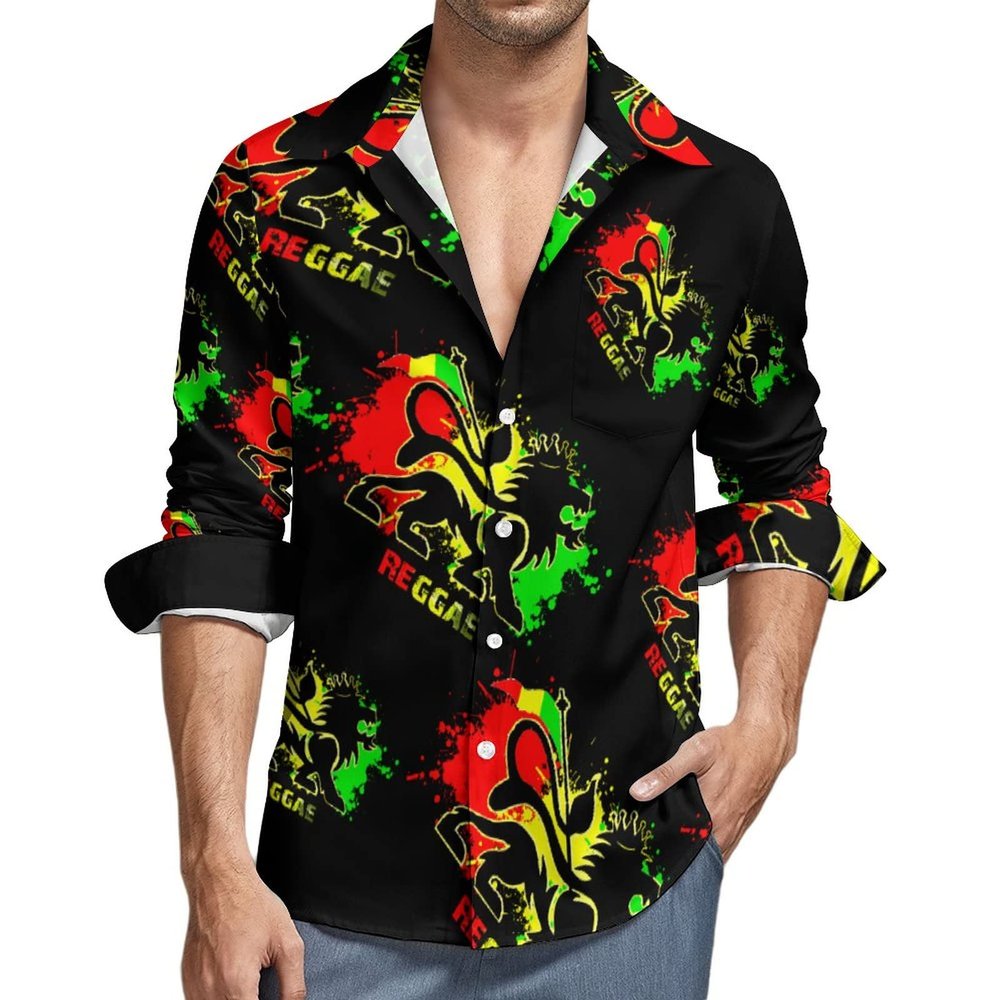 Lion Reggae Jamaica Men's Shirt Long Sleeve Casual Button Down T-Shirt Blouse Tee Top L