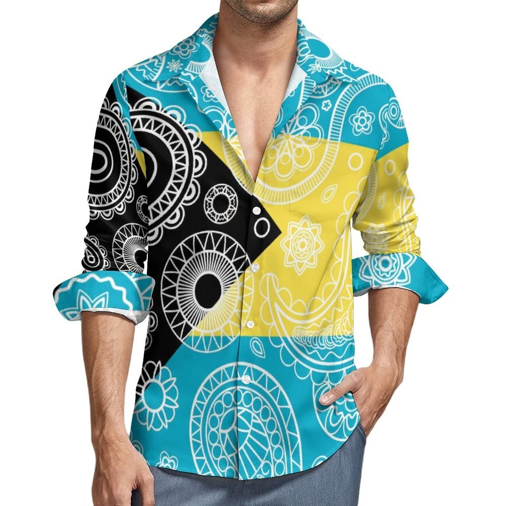 Bahamas Paisley Flag Men's Shirt Long Sleeve Casual Button Down T-Shirt Blouse Tee Top XL