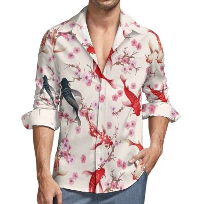 Japanese Koi Fish Cherry Blossoms Men's Shirt Long Sleeve Casual Button Down T-Shirt Blouse Tee Top 5XL
