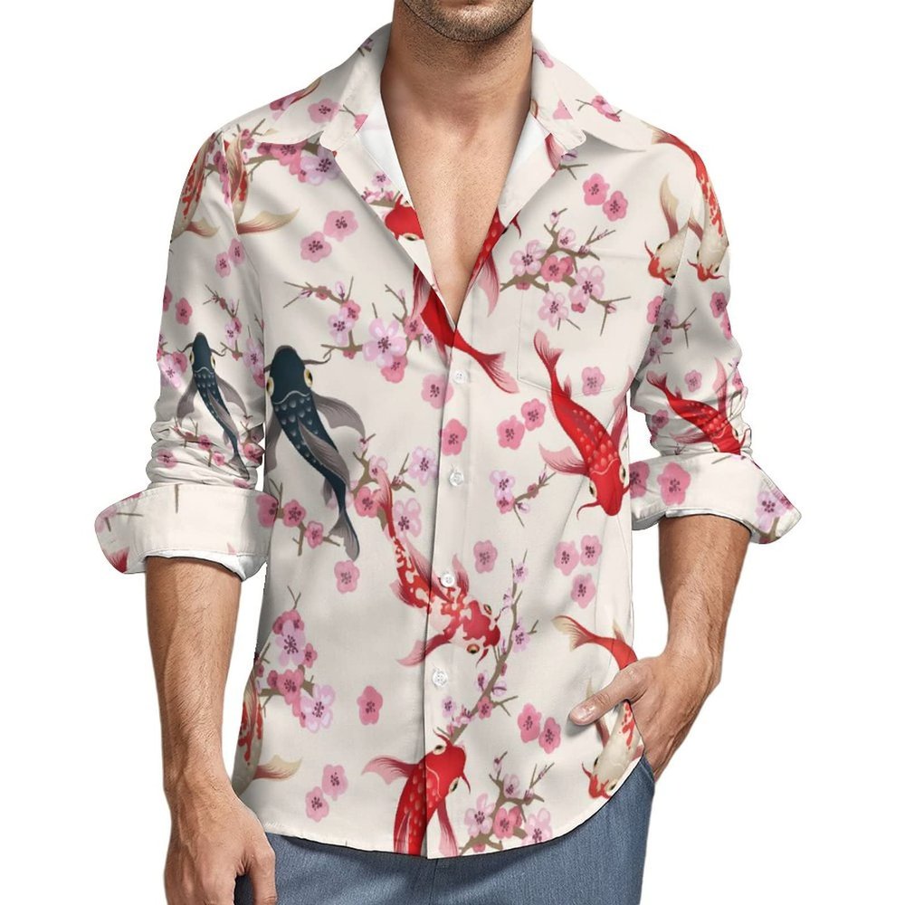 Japanese Koi Fish Cherry Blossoms Men's Shirt Long Sleeve Casual Button Down T-Shirt Blouse Tee Top 5XL