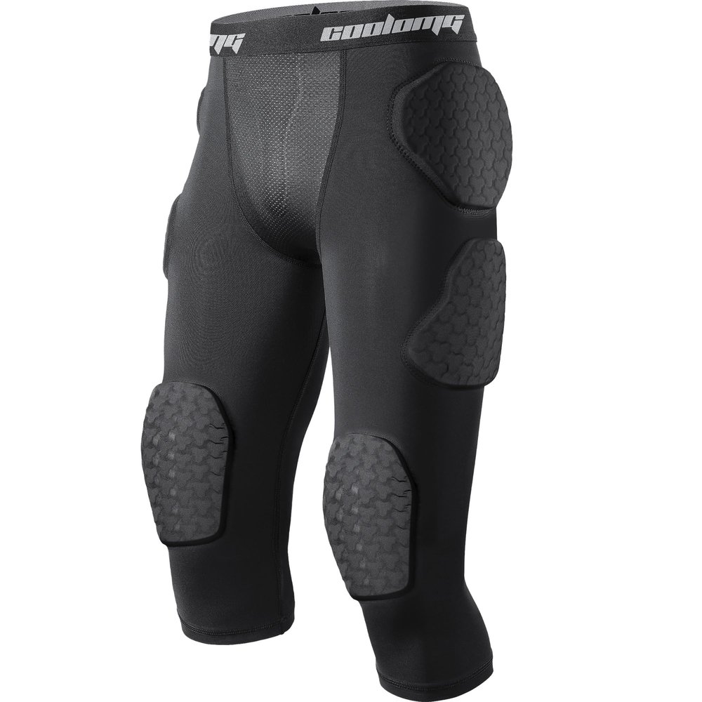 COOLOMG Youth Football Girdle 7 Pad Football Compression Pants with Integrated Knee Hip Thigh Tailbone Pads Black M