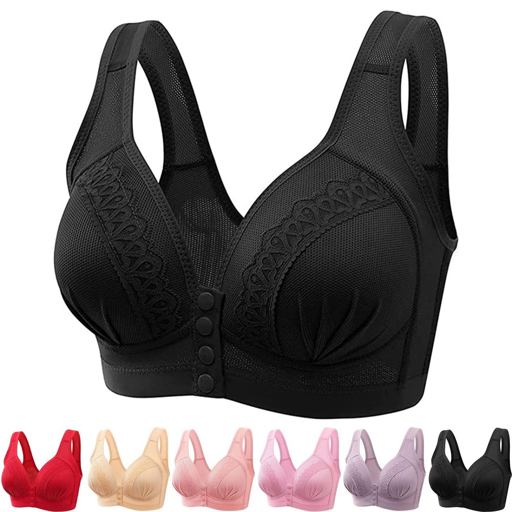 2022 Front Button Breathable Skin-Friendly Cotton Bra, U-Shaped Back 5D Bras Women Front Closure (36/80BC, Black)
