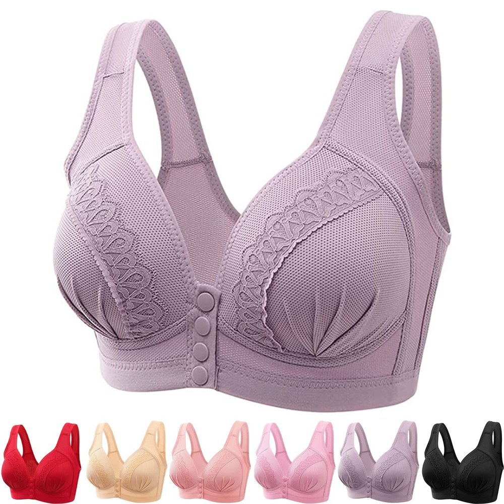 2022 Front Button Breathable Skin-Friendly Cotton Bra, U-Shaped Back 5D Bras Women Front Closure (46/105BC, Greyish Purple)