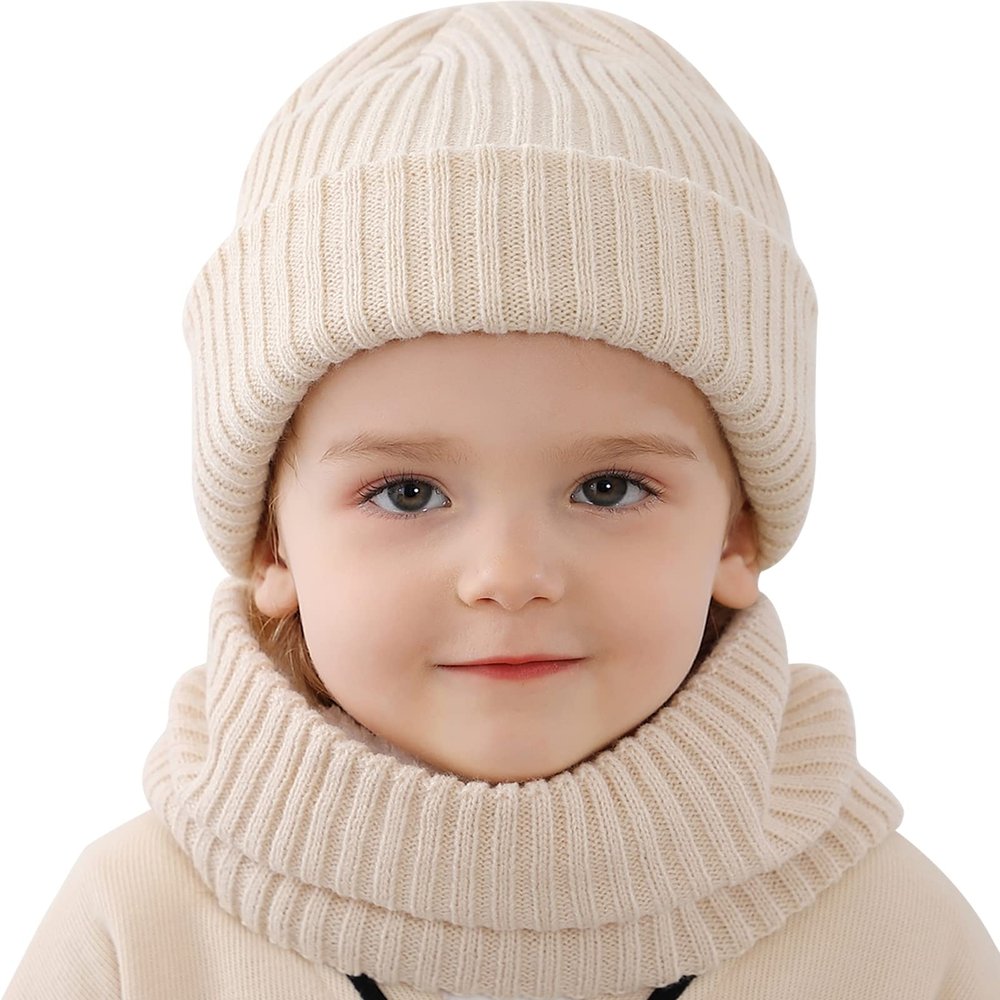 Hicdaw 2Pcs Kids Winter Beanie Hat Scarf Set Warm Knitted Thickened Fleece Lined Skull Scarf Set Toddler Beanie Hat for Boys Girls (Beige)