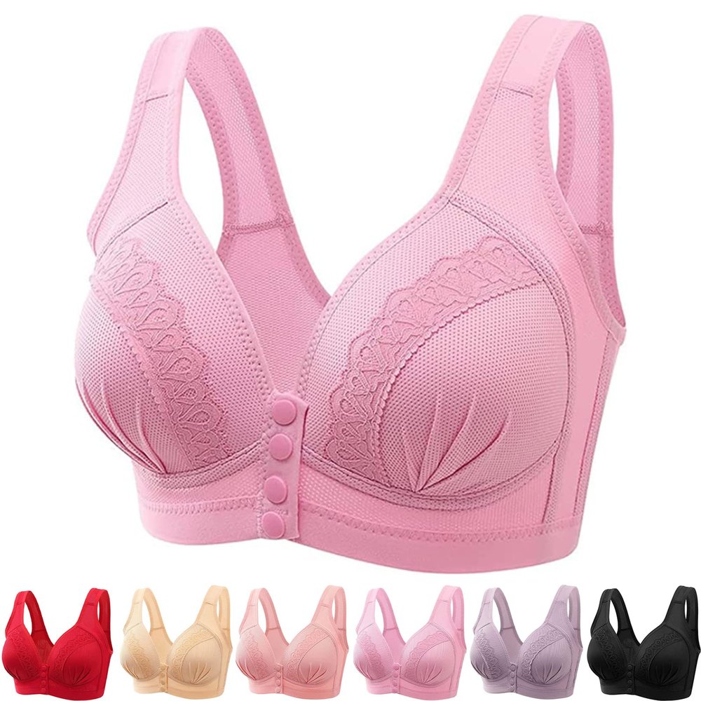 2022 Front Button Breathable Skin-Friendly Cotton Bra, U-Shaped Back 5D Bras Women Front Closure (36/80BC, Pink)