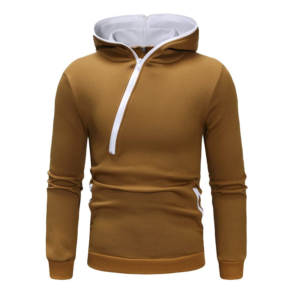 JEsilunmaMY Men's Quarter-Zip Pullover Sweatshirt Long Sleeve Fashion Sweatshirt with Pocket Solid Color Casual Hooded Jumper (Khaki,X-Large)