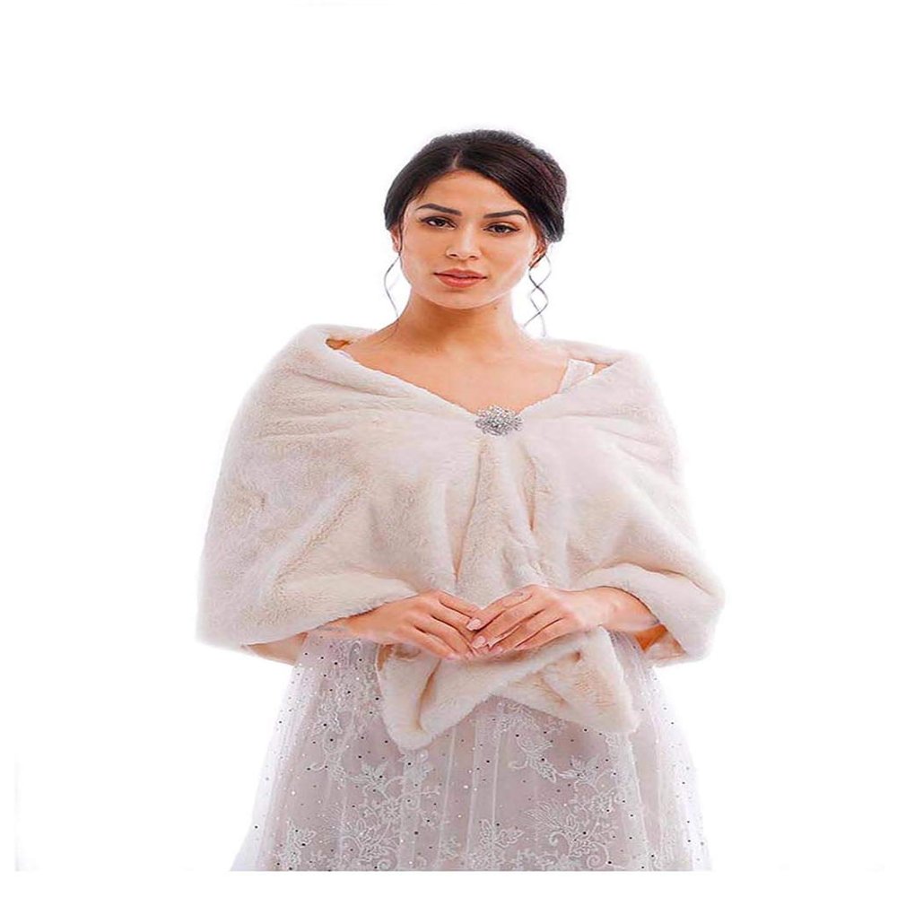 Bounzhi Women's Faux Fur Shawl Wrap Bridal Scarf Stoles Wedding Shrug - Fur Cover Up with Brooch for Bride and Bridesmaids (Beige)