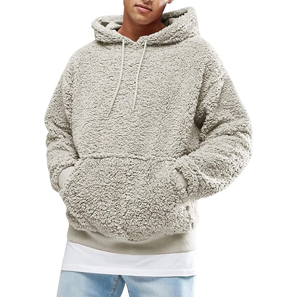 JEsilunmaMY Mens Fleece Hooded Sweatshirt Fall Winter Long Sleeve Thicken Pullover Hoodies Solid Color Plush Pullover Sweater (Apricot,Small)