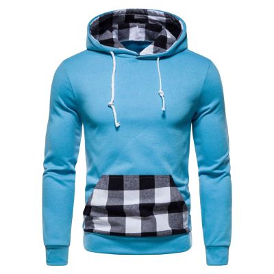 JEsilunmaMY Casual Plaid Hoodies for Men Long Sleeve Crewneck Drawstring Sweatshirt Soft Comfy Fall Pullovers with Pockets (Light Blue,Large)