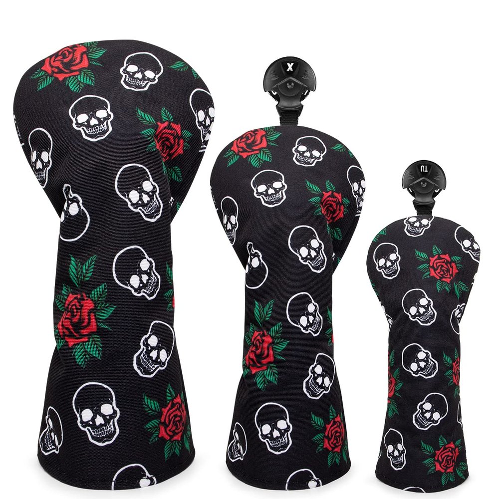 Barudan Golf Club Covers, 3pcs Golf Club Head Covers for Driver, Woods and Hybrids, Rose and Skeleton Driver Fairway Rescue Headcovers Set, Designed to Fit All Brand Golf Clubs