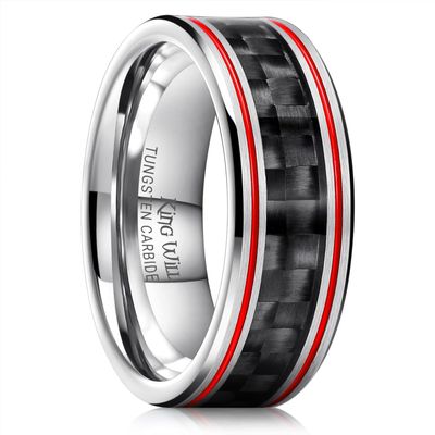 King Will 8mm Silver Tungsten Carbide Rings for Men Men's Wedding Band with Black Carbon Fiber Inlaid 2 Red Groove Lines Beveled Edge High Polished Finish Gentleman Comfit Fit, Size 10