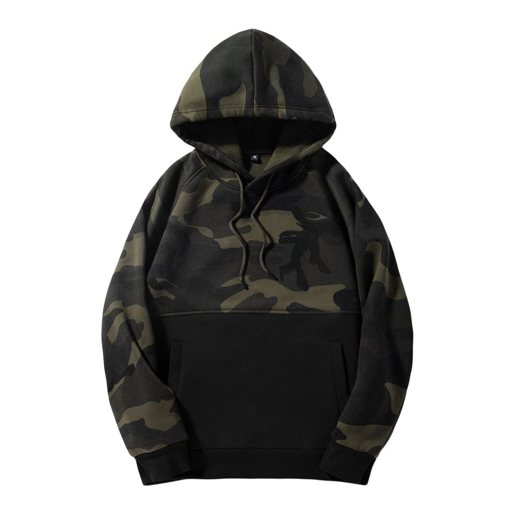 Men's Camo Outdoor Hoodies Long Sleeve Soft Cotton Sweatshirt with Pocket Casual Fleece Thicken Pullover Tops (Black,Small)