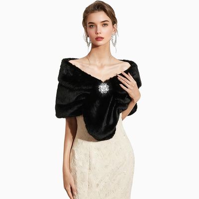 Bounzhi Women's Faux Fur Shawl Wraps Bridal Scarf Stoles Wedding Shrug Cover Up with Brooch for Bride and Bridesmaids (Black)