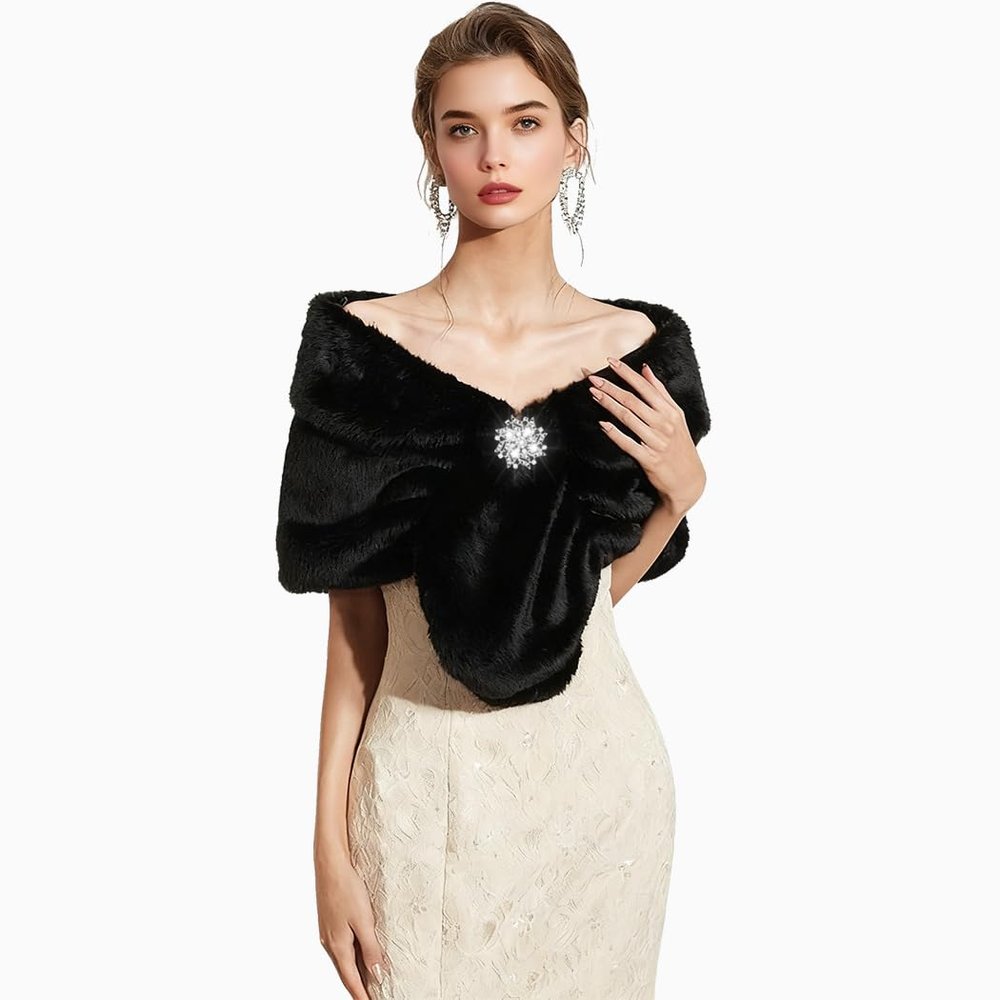 Bounzhi Women's Faux Fur Shawl Wraps Bridal Scarf Stoles Wedding Shrug Cover Up with Brooch for Bride and Bridesmaids (Black)