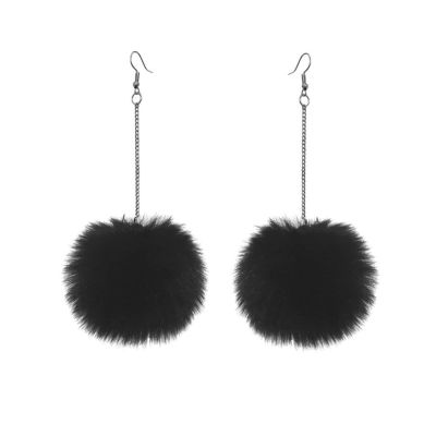 Colorful Pom Pom Earrings, Furry Ball Dangle Earrings for Women Winter Trendy Jewelry-black