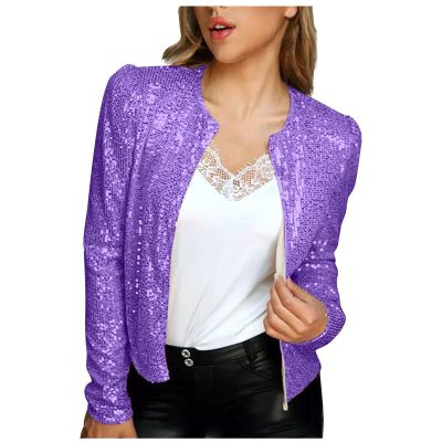 Women's Full Sequin Crop Jacket Cardigan Casual Shrug Long Sleeve Open Front Cropped Bolero Jackets for Party Evening Purple