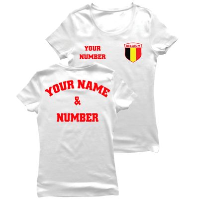 Personalised Women's Belgium 2026 Football T-Shirt Short Sleeve | Custom Name and Number | Belgium Flag Design (S White Multi Color)