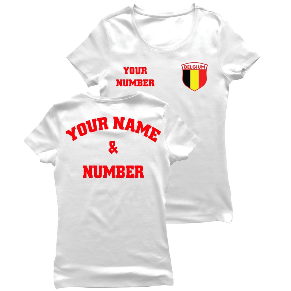 Personalised Women's Belgium 2026 Football T-Shirt Short Sleeve | Custom Name and Number | Belgium Flag Design (S White Multi Color)