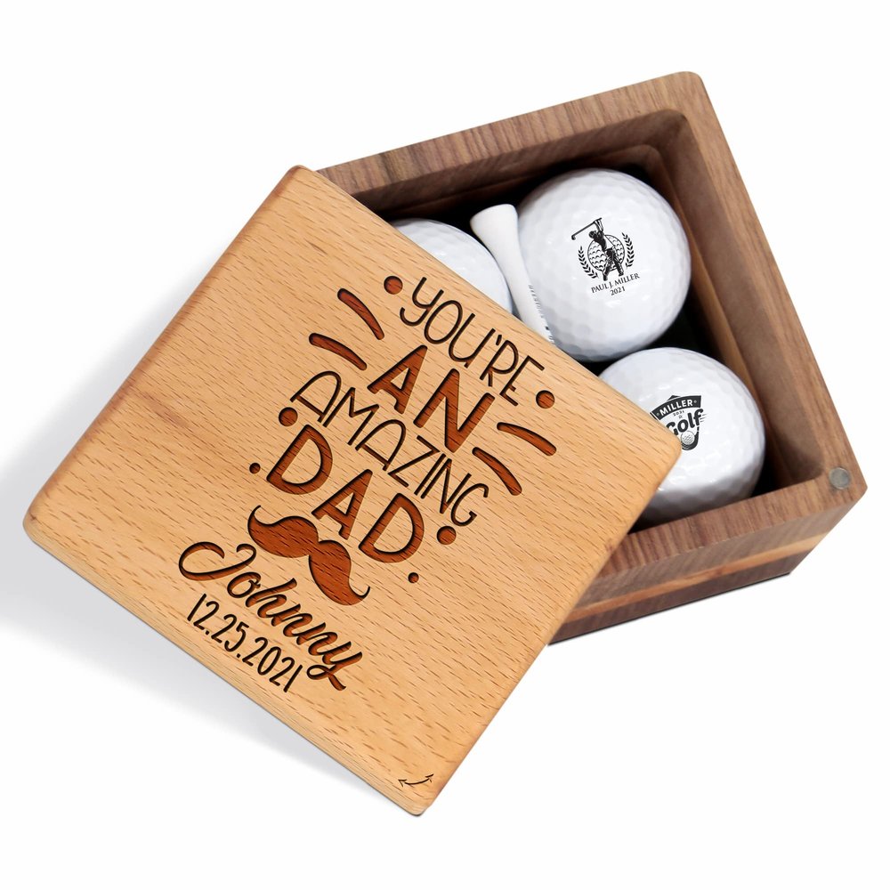 Personalized Golf Gift for Dad - Custom Golf Set with Nice Balls and Luxury Wooden Box - Unique Gift Ideas for Golfer, Golf Lover, Golf Coach, Boss, Him, Her on Anniversary, Birthday, Retirement