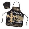 Mojo Licensing New Orleans Saints Apron Chef Hat Set Full Color Universal Size Tie Back Grilling Tailgate BBQ Cooking Host view 1
