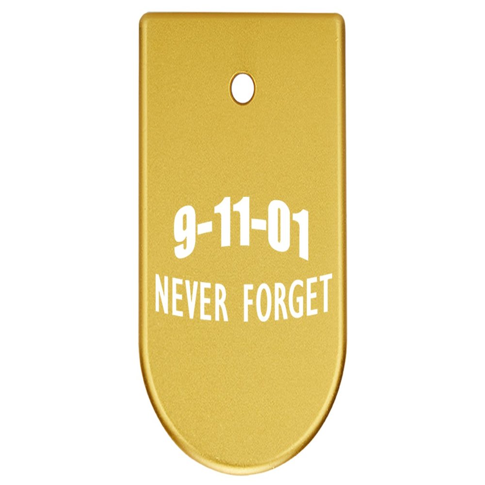 NDZ Performance Magazine Base Plate Finger Extension for CZ P10 S, SC, C, F  Fits 9mm 10 Rd Magazines  Anodized Aluminum  Laser Engraved  Made in USA, Gold, 9/11 Never Forget Text Arch