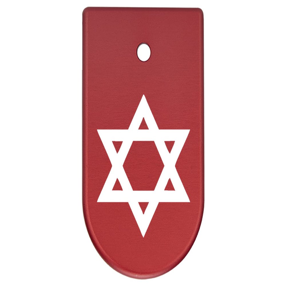 NDZ Performance Magazine Base Plate Finger Extension for CZ P10 S, SC, C, F  Fits 9mm 10 Rd Magazines  Anodized Aluminum  Laser Engraved  Made in USA, Red, Star of David Mogen Dovid