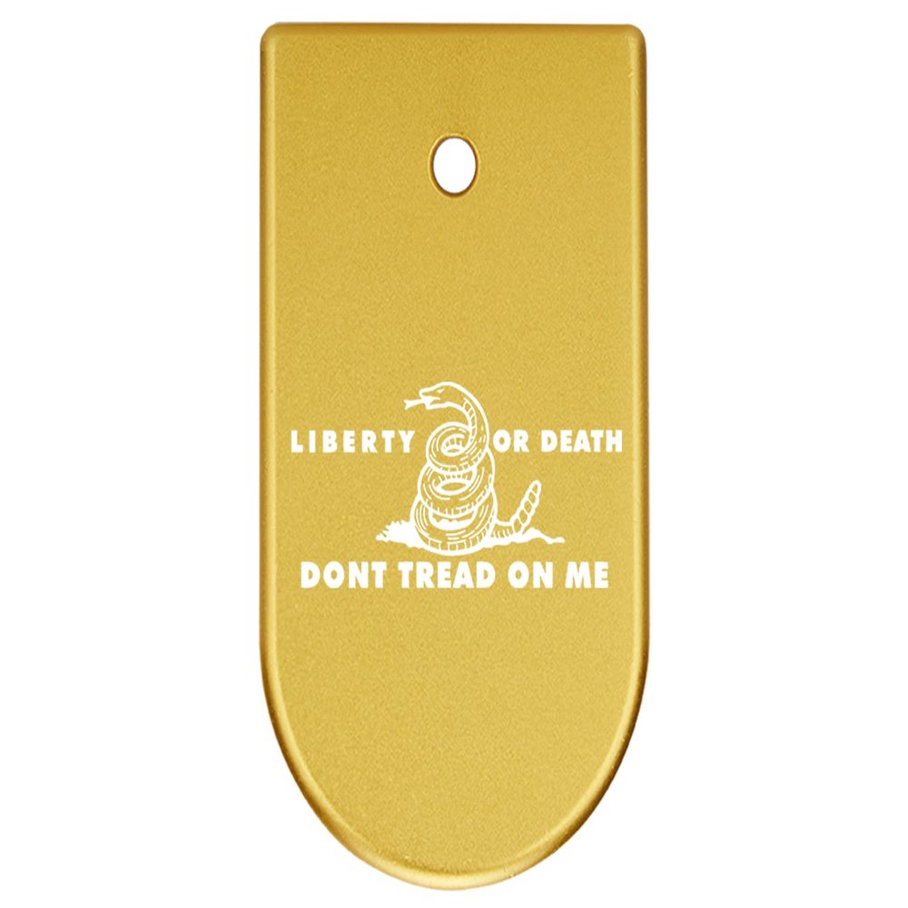NDZ Performance Magazine Base Plate Finger Extension for CZ P10 S, SC, C, F Fits 9mm 10 Rd Magazines Anodized Aluminum Laser Engraved Made in USA, Gold, Don't Tread On Me Liberty and Death