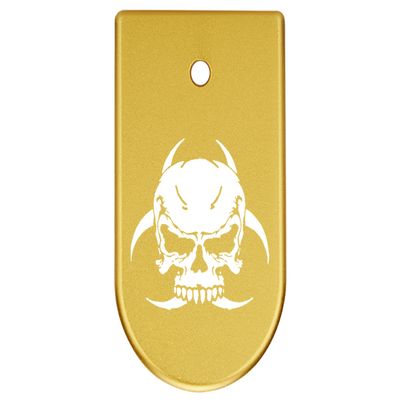 NDZ Performance Magazine Base Plate Finger Extension for CZ P10 S, SC, C, F  Fits 9mm 10 Rd Magazines  Anodized Aluminum  Laser Engraved  Made in USA, Gold, Skull Biohazard 1