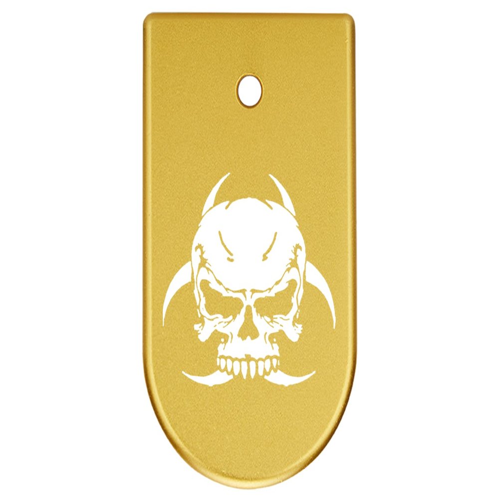NDZ Performance Magazine Base Plate Finger Extension for CZ P10 S, SC, C, F  Fits 9mm 10 Rd Magazines  Anodized Aluminum  Laser Engraved  Made in USA, Gold, Skull Biohazard 1