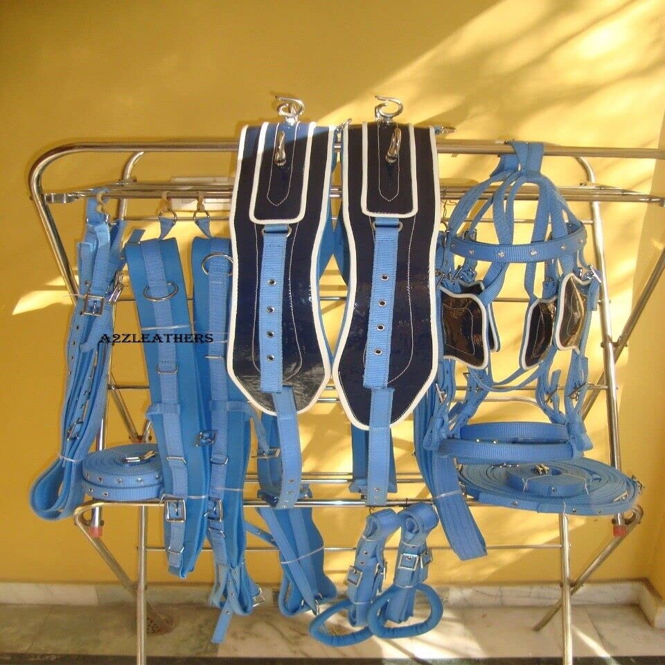 AMAZING HORSE STUFF Double Horse Nylon Driving Harness in Navy & Light Blue (Full, Cob, Pony, Shetland & Mini) (Full)