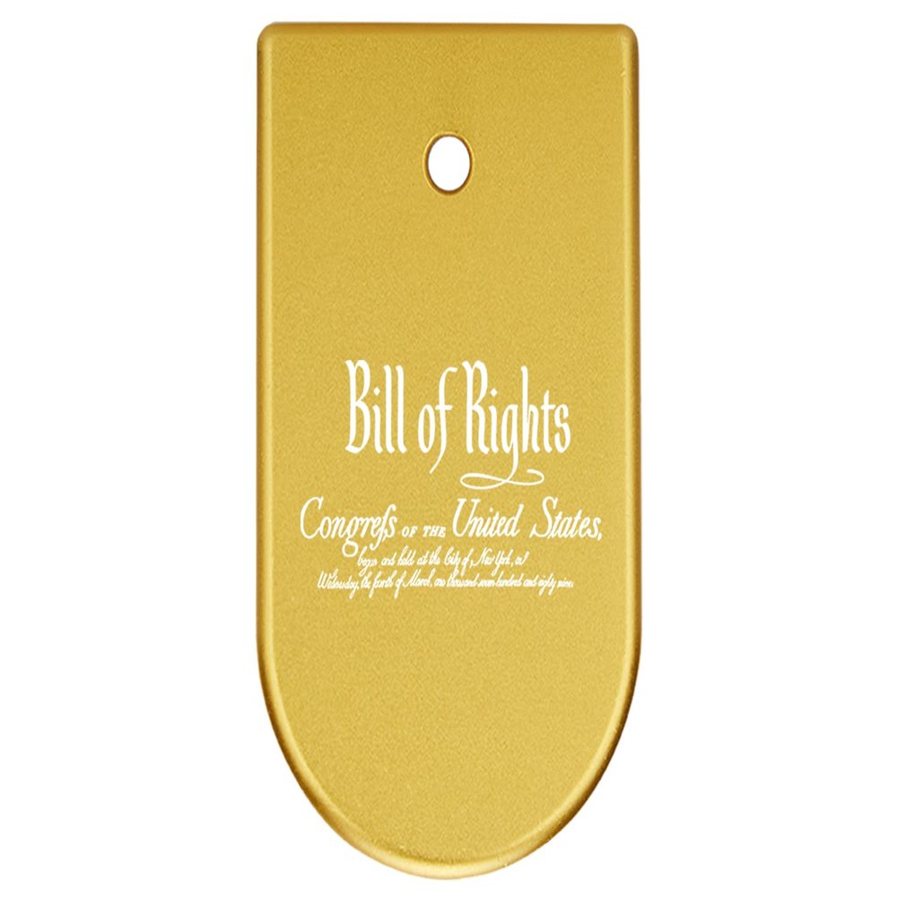 NDZ Performance Magazine Base Plate Finger Extension for CZ P10 S, SC, C, F  Fits 9mm 10 Rd Magazines  Anodized Aluminum  Laser Engraved  Made in USA, Gold, Bill of Rights Script Text