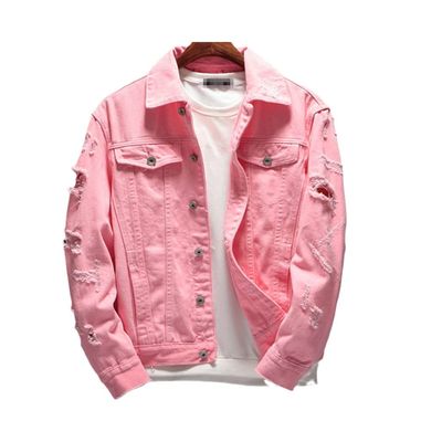 Men Slim Fit Cotton Denim Jacket Red White Black Ripped Hole Jean Coats Plus Size Streetwear Outerwear