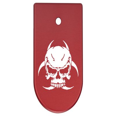 NDZ Performance Magazine Base Plate Finger Extension for CZ P10 S, SC, C, F  Fits 9mm 10 Rd Magazines  Anodized Aluminum  Laser Engraved  Made in USA, Red, Skull Biohazard 1