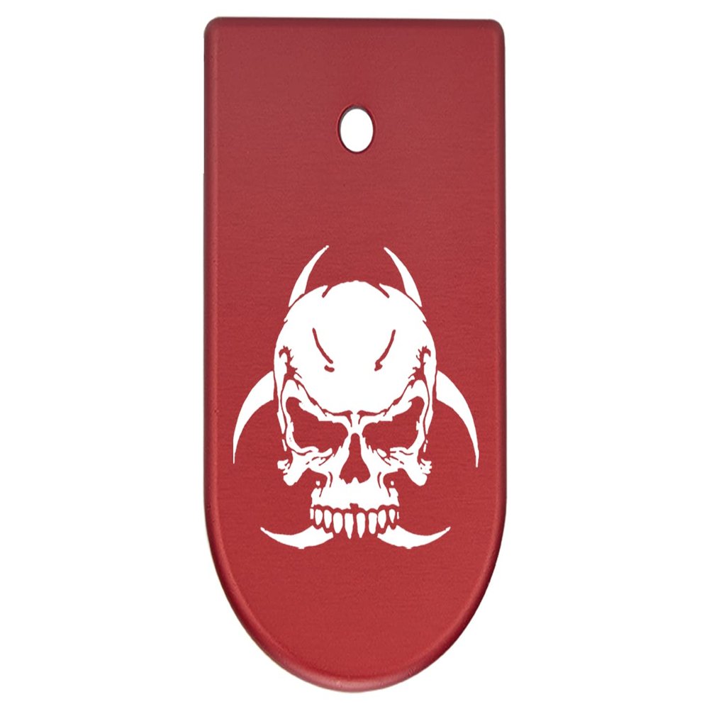 NDZ Performance Magazine Base Plate Finger Extension for CZ P10 S, SC, C, F  Fits 9mm 10 Rd Magazines  Anodized Aluminum  Laser Engraved  Made in USA, Red, Skull Biohazard 1