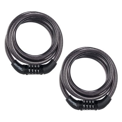 Master Lock Black Set Preset Combination Bike Lock, Metal Cable Lock has a Weather Resistant Vinyl Coating for Outdoor Equipment, Bicycles, 4 Feet Long, Pack of 2, 8143T