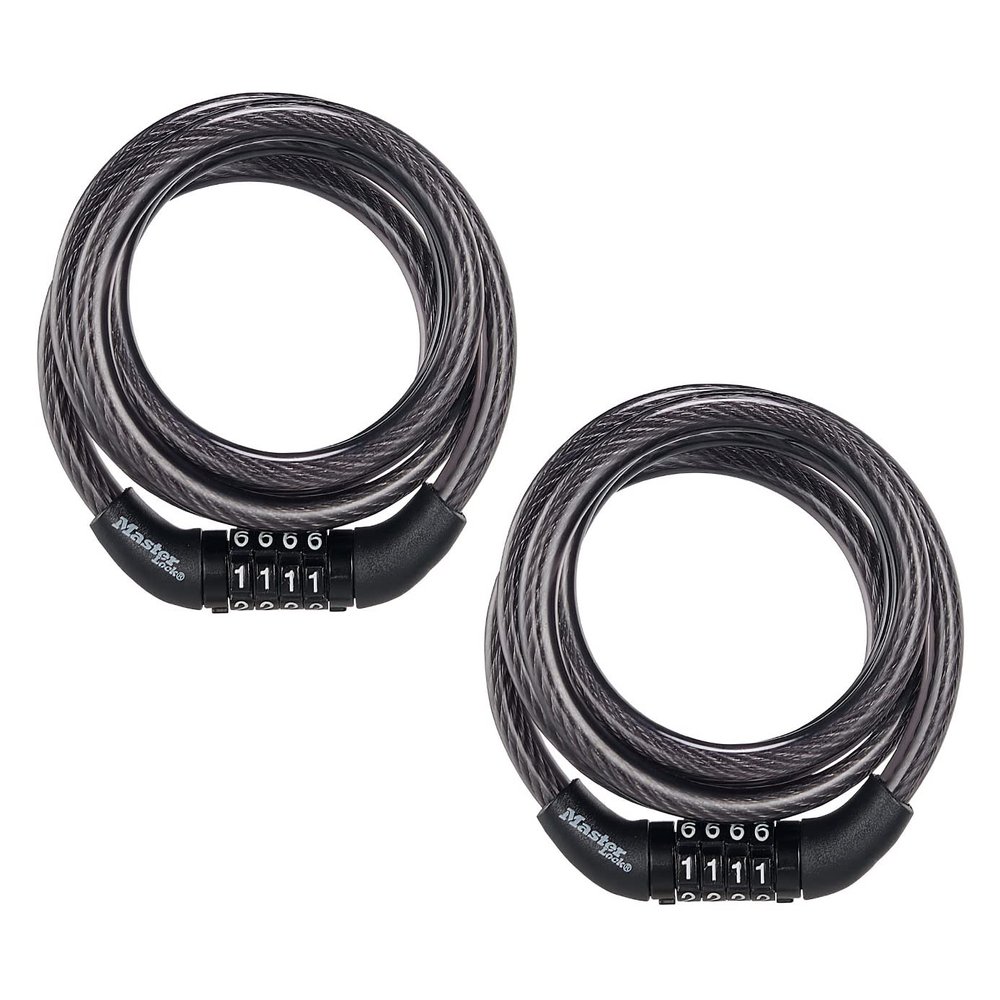 Master Lock Black Set Preset Combination Bike Lock, Metal Cable Lock has a Weather Resistant Vinyl Coating for Outdoor Equipment, Bicycles, 4 Feet Long, Pack of 2, 8143T