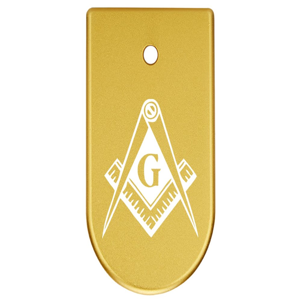 NDZ Performance Magazine Base Plate Finger Extension for CZ P10 S, SC, C, F  Fits 9mm 10 Rd Magazines  Anodized Aluminum  Laser Engraved  Made in USA, Gold, Masonic Mason Calipers G Logo