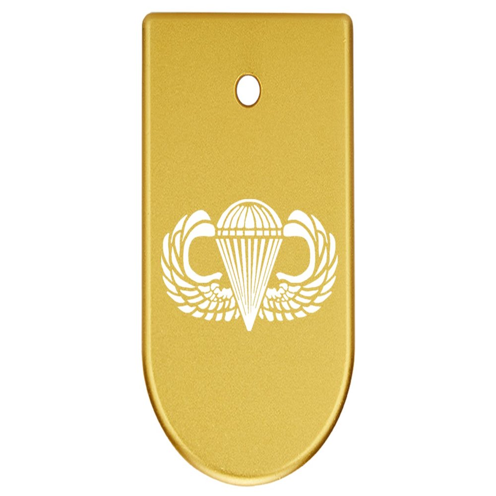 NDZ Performance Magazine Base Plate Finger Extension for CZ P10 S, SC, C, F  Fits 9mm 10 Rd Magazines  Anodized Aluminum  Laser Engraved  Made in USA, Gold, Airborne Jump Wings