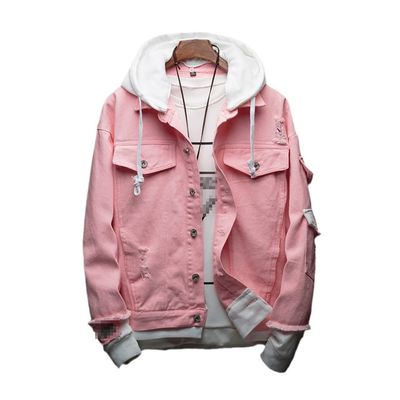 Men Hooded Denim Jackets Spring Autumn Holes Casual Jean Coats Loose Jean Outerwear