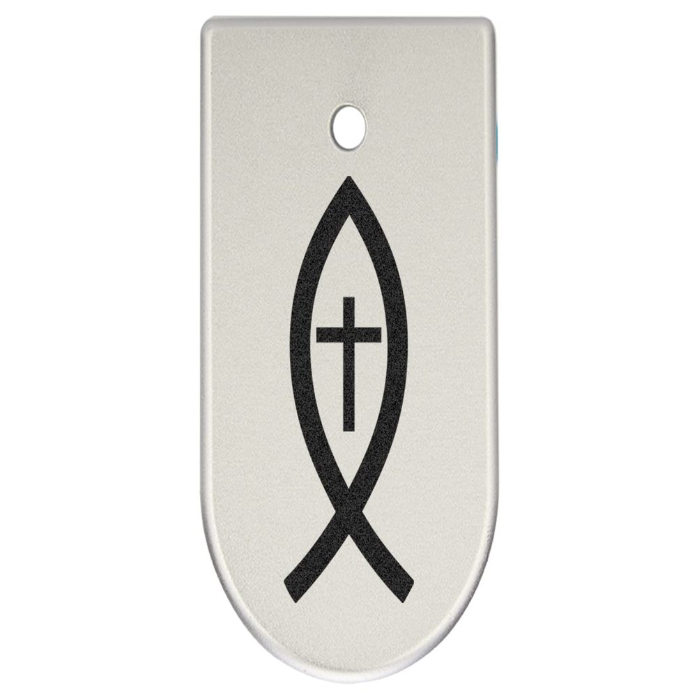 NDZ Performance Magazine Base Plate Finger Extension for CZ P10 S, SC, C, F  Fits 9mm 10 Rd Magazines  Anodized Aluminum  Laser Engraved  Made in USA, Silver, Christian Fish and Cross