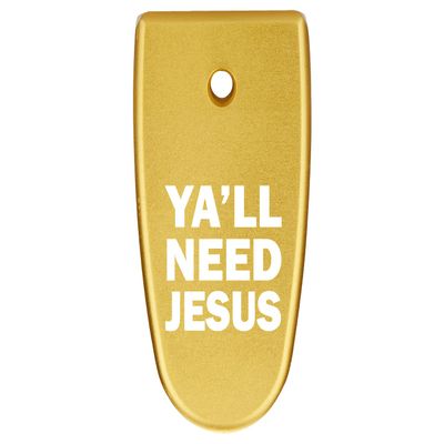 NDZ Performance Magazine Base Plate Finger Extension for Smith & Wesson M&P Shield EZ 9mm, Laser Engraved Aluminum in Gold - Y'all Need Jesus Text