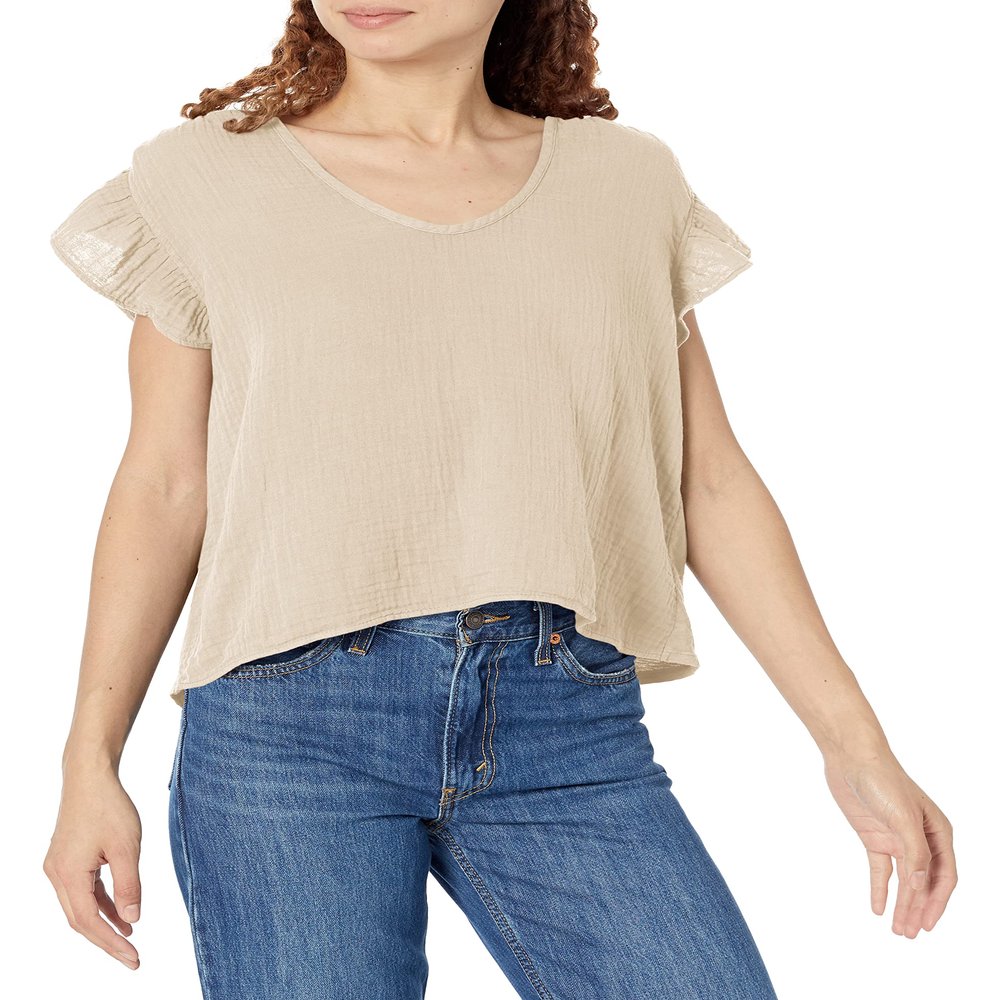 VELVET BY GRAHAM & SPENCER Women's Remi Cotton Slub Mix Top, Sand, Large
