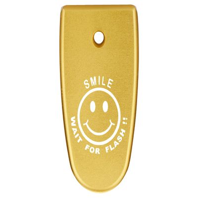 NDZ Performance Magazine Base Plate Finger Extension for Smith & Wesson M&P Shield EZ 9mm, Laser Engraved Aluminum in Gold - Smile Wait for Flash Smiley