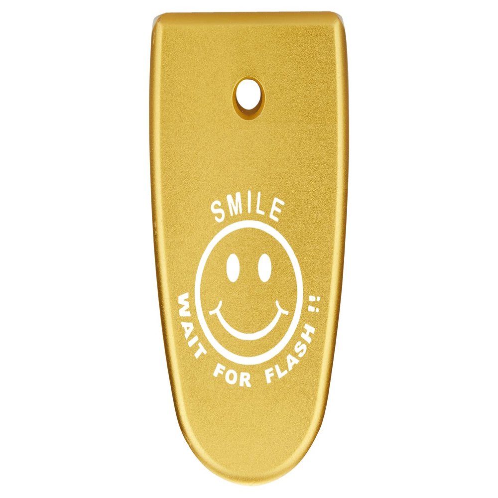 NDZ Performance Magazine Base Plate Finger Extension for Smith & Wesson M&P Shield EZ 9mm, Laser Engraved Aluminum in Gold - Smile Wait for Flash Smiley