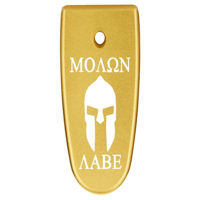 NDZ Performance Magazine Base Plate Finger Extension for Smith & Wesson M&P Shield EZ 9mm, Laser Engraved Aluminum in Gold - Molon Labe Helmet 2